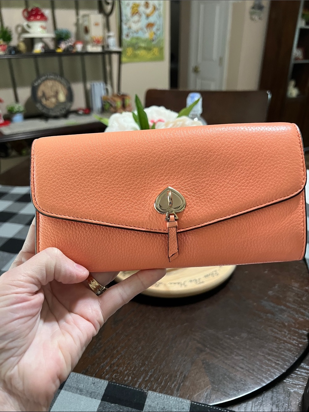 Kate Spade Pebbled Leather Envelope Clutch in Coral-Orange with Gold Accent